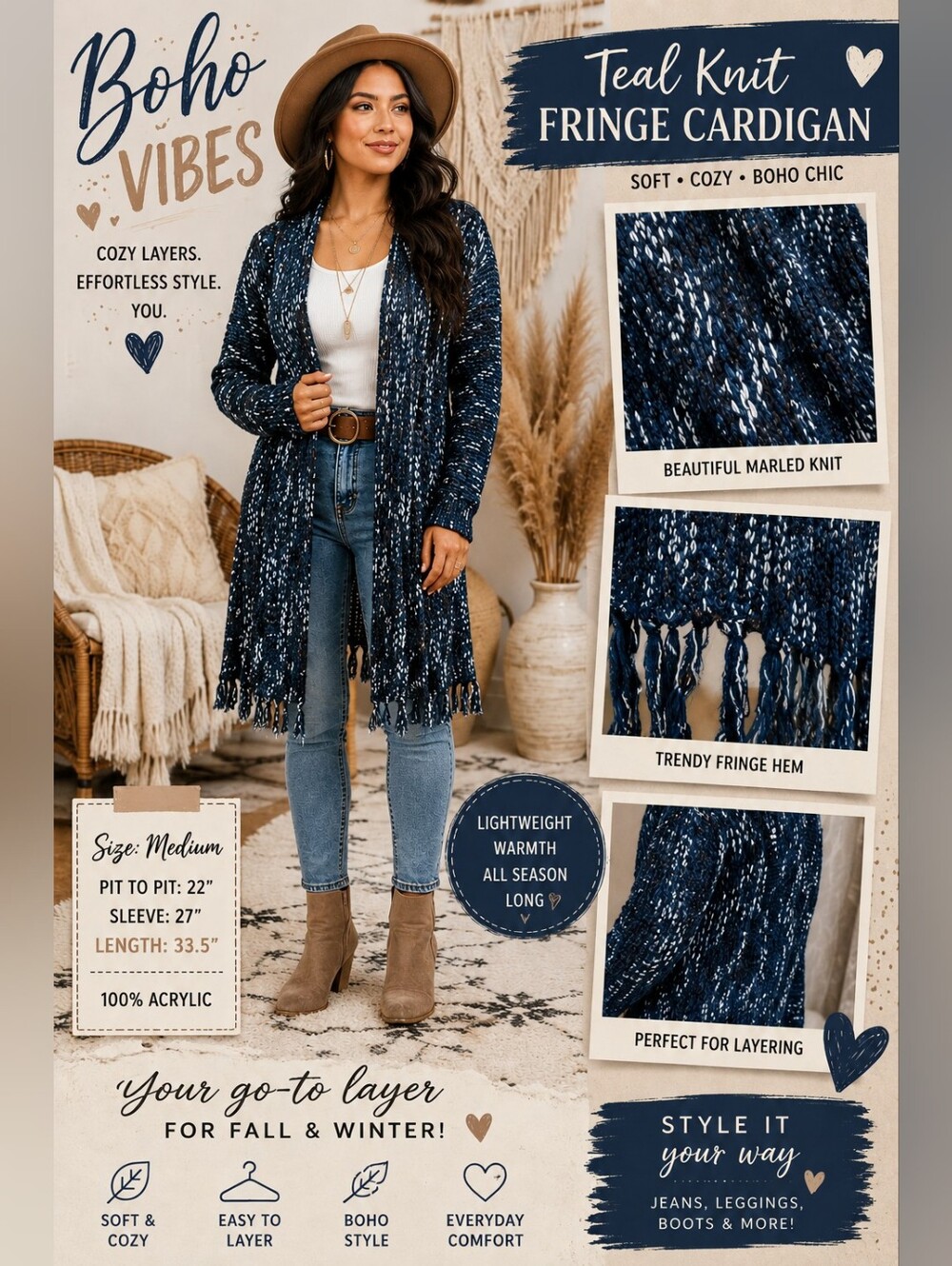 Teal Marled Knit Fringe Cardigan | Boho Cozy Open Front Sweater | Size Medium
